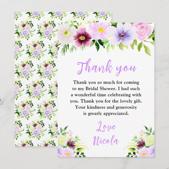 Carte De Remerciements Fleurs violettes printanières avec feuillage Baby  (Devant / Derrière)