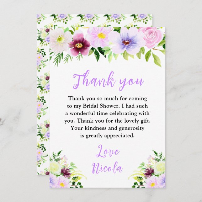 Carte De Remerciements Fleurs violettes printanières avec feuillage pour  (Devant / Derrière)