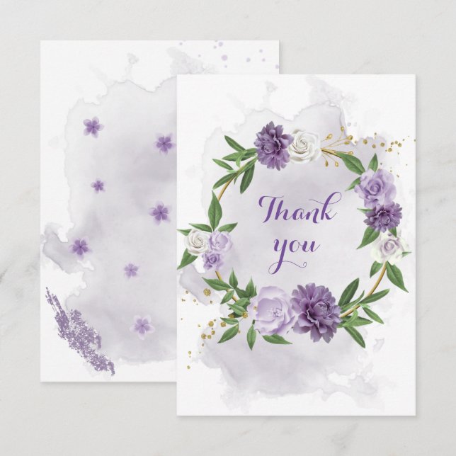 Carte De Remerciements fleurs violettes verdure or couronne (Devant / Derrière)