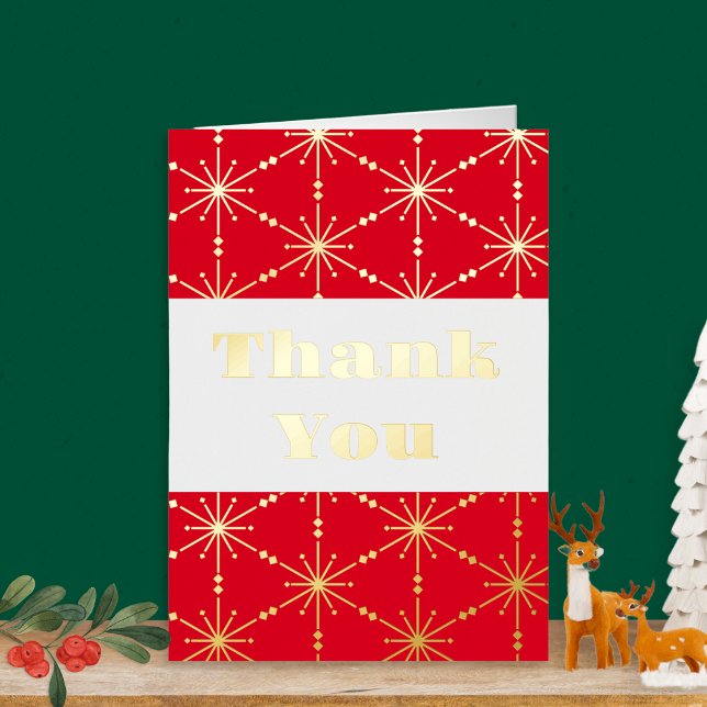 Carte De Remerciements Flocon de neige blanc rouge de Noël à motif modern (A Christmas thank you card with snowflake pattern, with gold or silver foil detail)