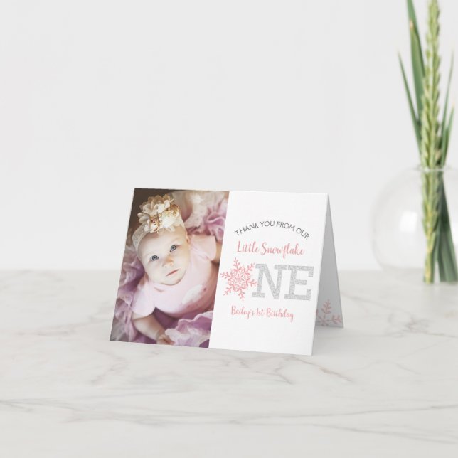 Carte De Remerciements Flocon de neige rose Parties scintillant 1er anniv (Devant)