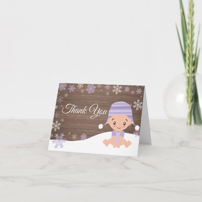 Carte De Remerciements Flocon de neige rustique d'hiver Bébé pourpre (Devant)