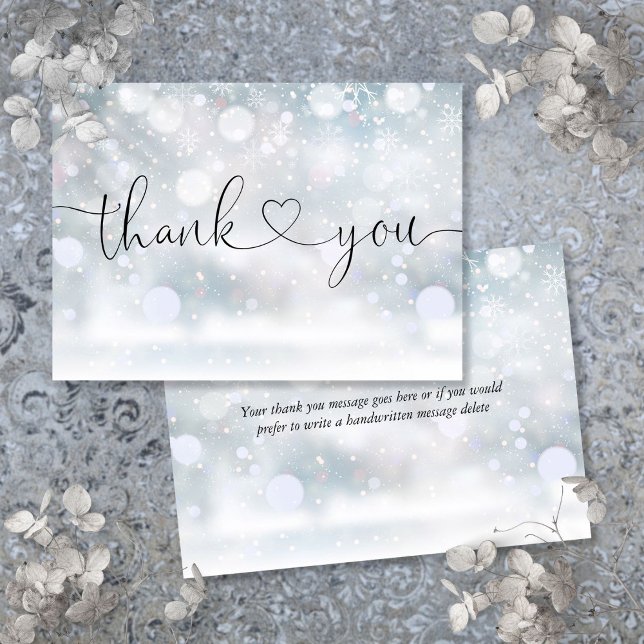Carte De Remerciements Flocons de neige élégants Heart Script (Winter Snowflakes Elegant Heart Script Thank You Card)