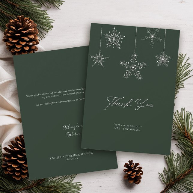 Carte De Remerciements Flocons Pailletés Vert Mariage Remerciements Hiver (winter bridal shower thank you card sage green glitter snowflakes elegant script classy chic)