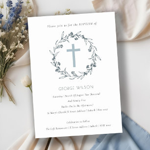 Carte De Remerciements Flora Laurel Wreath Dusky Blue Grey Baptism Invita