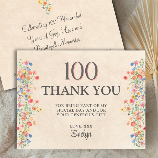 Carte De Remerciements Floral 100th Birthday – Elegant Wildflower (Créateur téléchargé)
