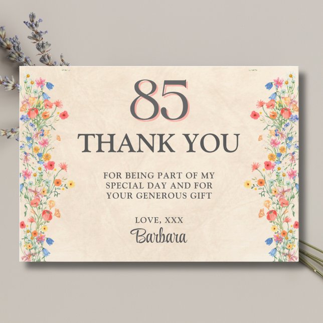 Carte De Remerciements Floral 85th Birthday – Elegant Wildflower 85 years (Créateur téléchargé)
