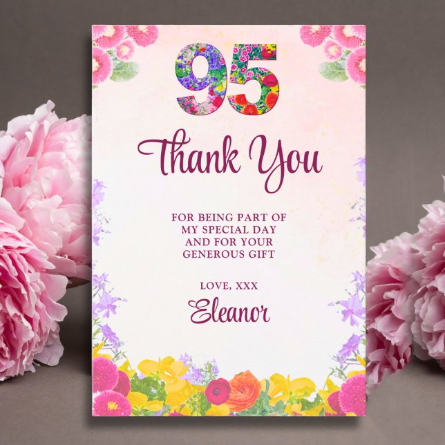 Carte De Remerciements Floral 95th Birthday Thanks - Blush Bloom 95 Years (Créateur téléchargé)