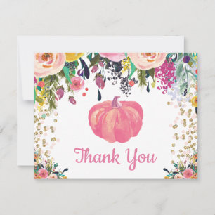 Carte De Remerciements Floral automne Citrouille rose Parties scintillant
