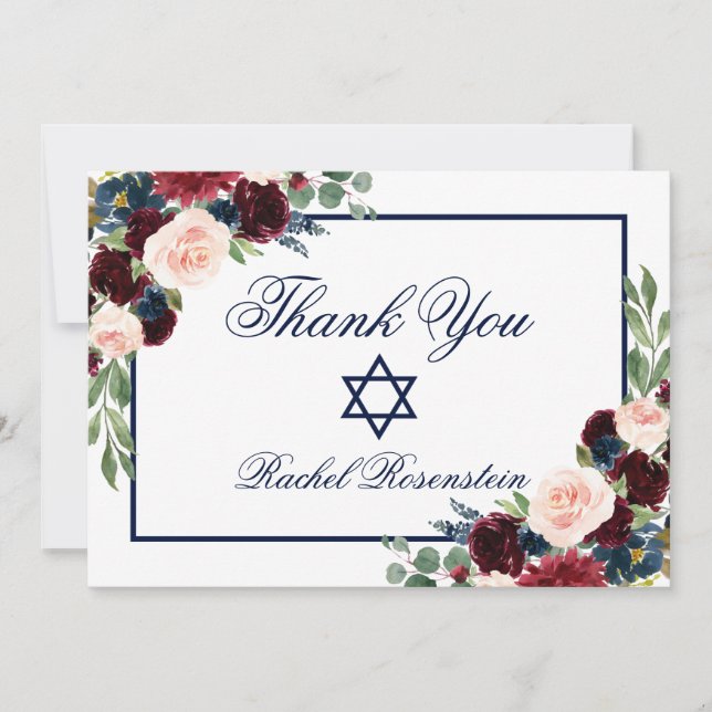 Carte De Remerciements Floral bat mitzvah Burgundy (Devant)