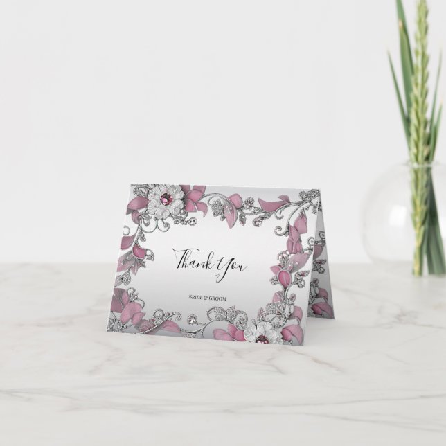 Carte de remerciements floral blanc argenté rose (Devant)