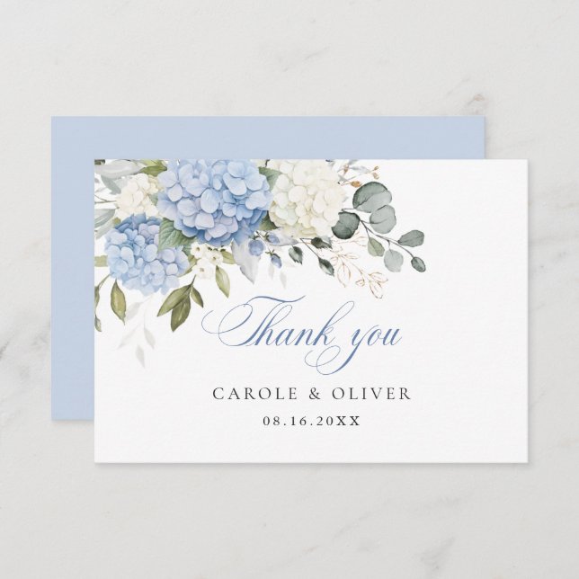 Carte De Remerciements Floral Bleu Blanc Hydrangée Mariage de verdure (Devant / Derrière)