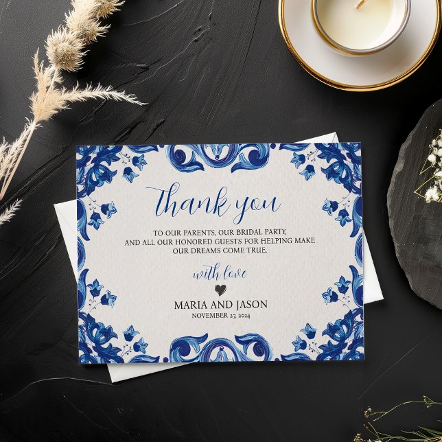 Carte De Remerciements Floral bleu mexicain Élégant Mariage Fiesta (Mexican Blue Floral Elegant Fiesta Wedding Thank You Card)