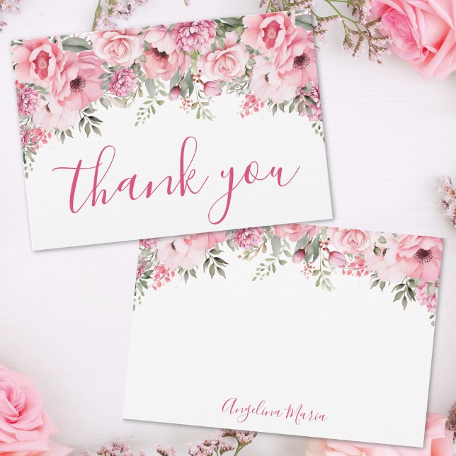 Carte De Remerciements Floral Blush Pink Quinceañera (Floral Blush Pink Quinceañera Thank You Card)