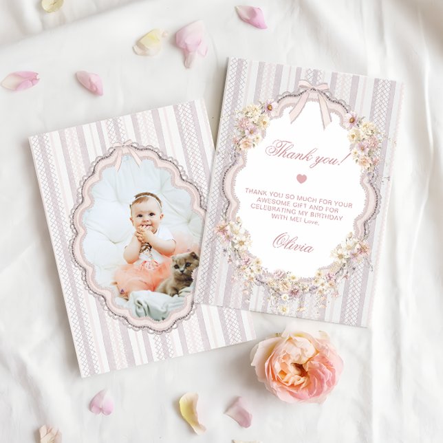 Carte De Remerciements Floral Bow Girl 1st Birthday Photo Thank You Card (Créateur téléchargé)