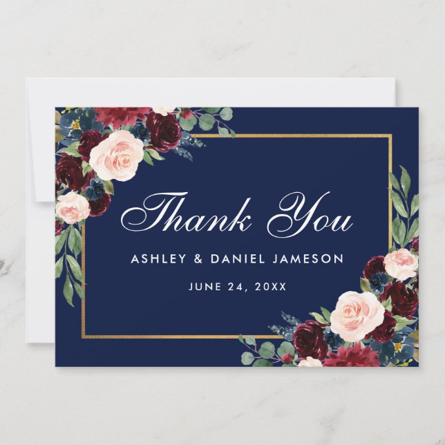 Carte De Remerciements Floral Burgundy Blue Gold Mariage (Devant)