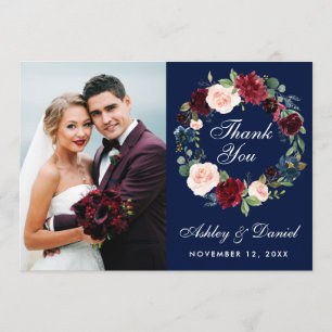 Carte de remerciements Floral Burgundy Blue Wreath