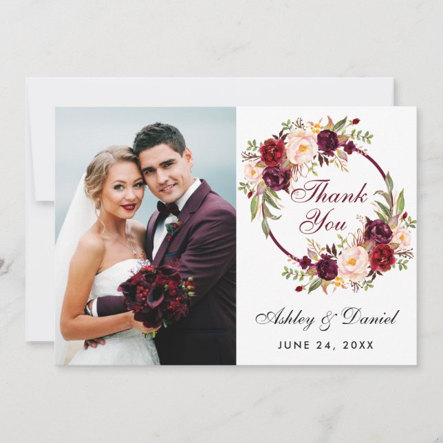 Carte De Remerciements Floral Burgundy Wreath Wedding Thank You Card (Devant)