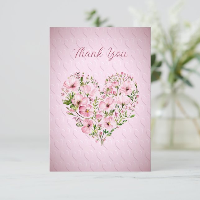 Carte de remerciements Floral Coeur Rose (Debout devant)