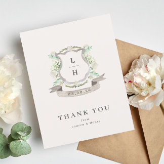 Carte De Remerciements Floral Crest Aquarelle Monogramme Mariage