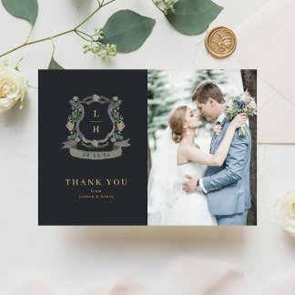 Carte De Remerciements Floral Crest Aquarelle Monogramme Mariage