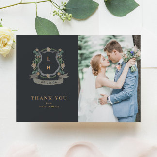 Carte De Remerciements Floral Crest Aquarelle Monogramme Mariage