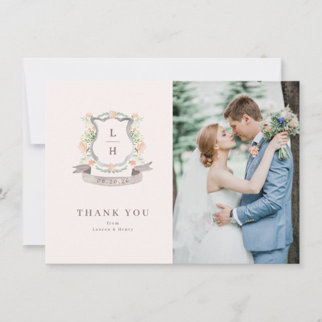 Carte De Remerciements Floral Crest Aquarelle Monogramme Mariage (Devant)