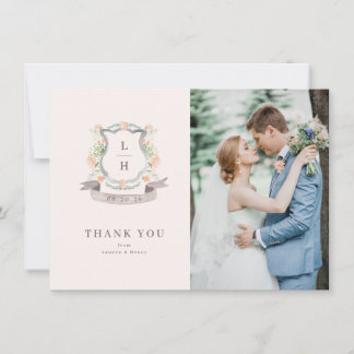 Carte De Remerciements Floral Crest Aquarelle Monogramme Mariage