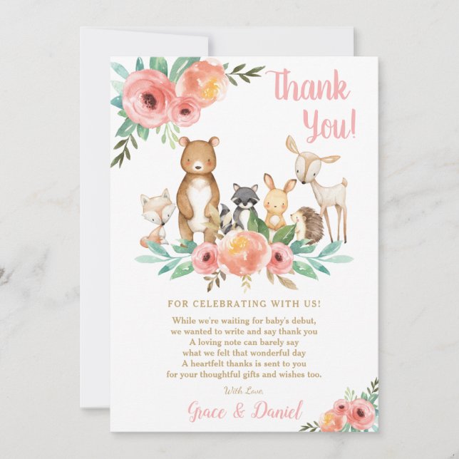 Carte De Remerciements Floral Cute Woodland Animals Baby shower Girl (Devant)