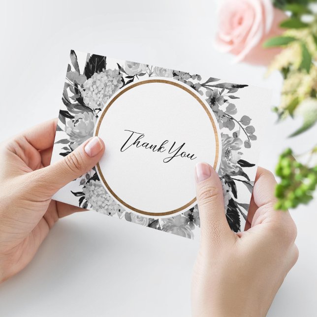 Carte De Remerciements Floral d'aquarelle noir et blanc moderne (Créateur téléchargé)