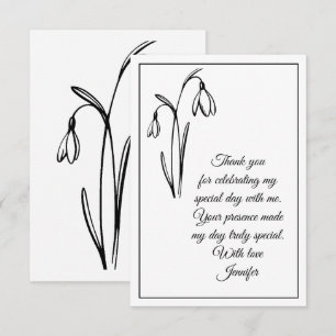 Carte De Remerciements Floral de perce-neige noir et blanc pour anniversa