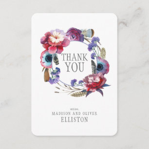 Carte De Remerciements Floral de pivoine fleur sauvage avec plumes   MERC