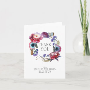 Carte De Remerciements Floral de pivoine fleur sauvage avec plumes   MERC