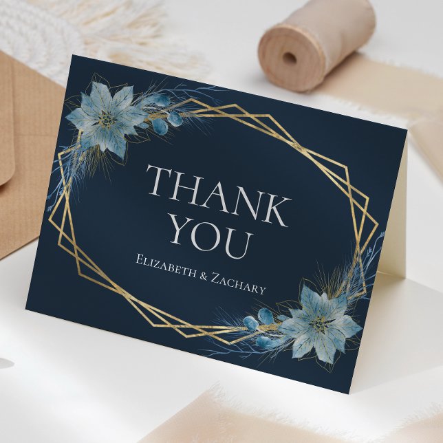 Carte De Remerciements Floral Dusty Blue Navy Gold Mariage d'hiver (Créateur téléchargé)