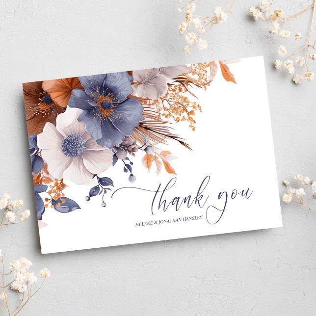 Carte De Remerciements Floral Elegant Dusty Blue Rust Mariage (Floral Elegant Dusty Blue Rust Wedding Thank You Card)