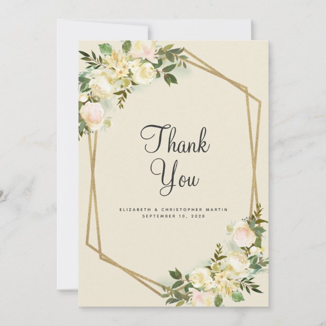 Carte De Remerciements Floral Elegant Mariage Or Cadre Rose Aquarelle (Devant)