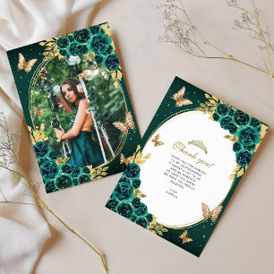 Carte De Remerciements Floral Emerald Gold Butterfly Quinceañera Photo