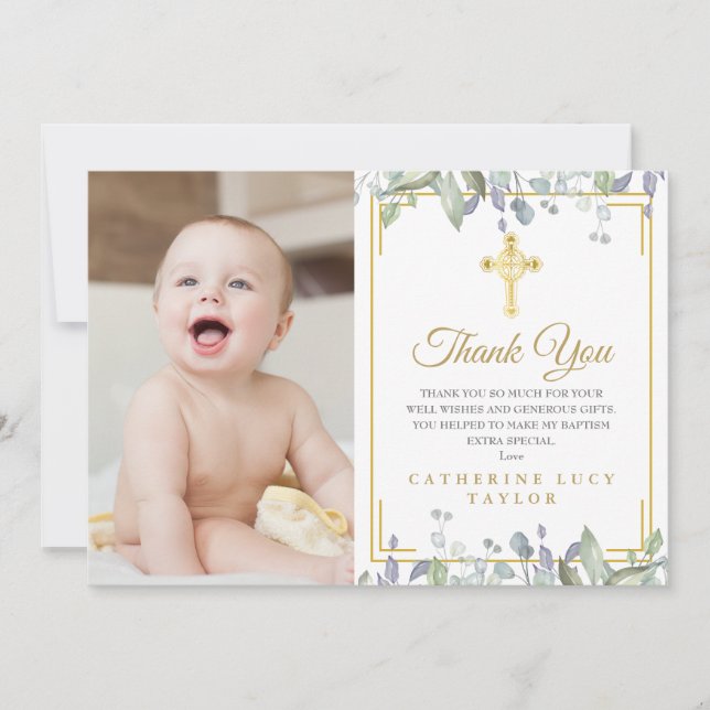Carte De Remerciements Floral Feuille Gold Cross Baptism Christening Phot (Devant)