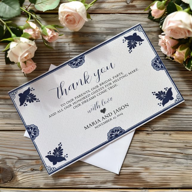 Carte De Remerciements Floral mexicain Otomi simple Mariage Fiesta (Mexican Blue Floral Otomi Simple Fiesta Wedding Thank You Card)