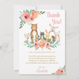 Carte De Remerciements Floral mignonne Bois Animaux Fille Fête d'annivers