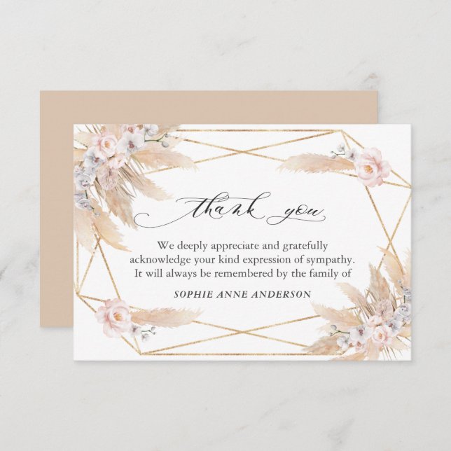 Carte De Remerciements Floral Pampas Grass Célébration de la vie Memorial (Devant / Derrière)