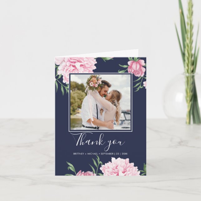 Carte De Remerciements Floral Pink Peony Botanique Photo Marine Élégante  (Devant)
