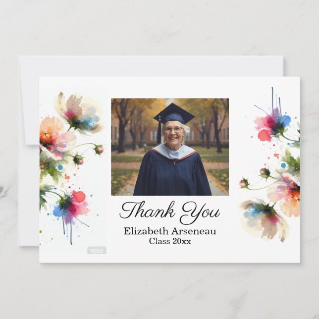 Carte De Remerciements Floral Pink Photo Graduation Personalize (Devant)
