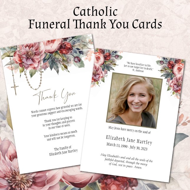 Carte De Remerciements Floral Rosary Photo Funérailles Condolence Sympath (Easy to personalize Catholic Funeral Thank you Cards)