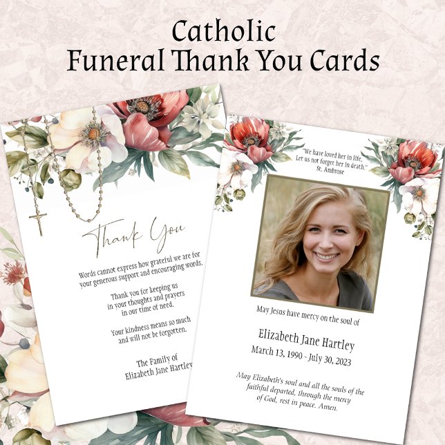 Carte De Remerciements Floral Rosary Photo Funérailles Condolence Sympath (Easy to Personalize Catholic Funeral Thank You Cards)