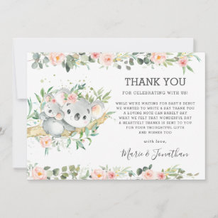 Carte De Remerciements Floral rose Cute Koala Baby shower Girl