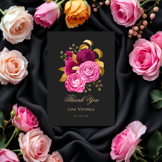 Carte De Remerciements Floral rose et or chaud (Hot Pink and Gold Floral Thank You Card)