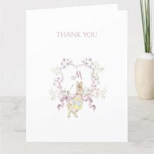 Carte De Remerciements Floral rose Pierre le lapin Monogramme Baby shower