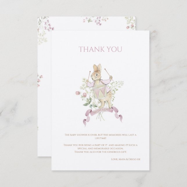 Carte De Remerciements Floral rose Pierre le lapin Monogramme Baby shower (Devant / Derrière)