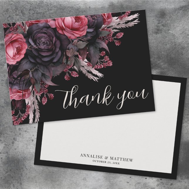 Carte De Remerciements Floral rouge noir Mariage gothique (Floral Red Black Gothic Wedding Thank You Card)